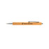 A bamboo pen with a silver clip and tip, featuring a logo or branding on the barrel.