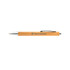 A bamboo pen with a silver clip and tip, featuring a logo on the wooden barrel.