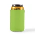 A bright green stubby holder designed to fit standard drink cans, featuring a logo.