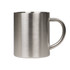 A stainless steel coffee mug with a sleek, brushed finish and a curved handle. Features a logo on the side.