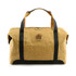 A tan and black travel bag made of kraft paper with sturdy handles and a logo.