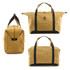 A tan Kraft paper travel bag featuring black straps and a logo. Includes a spacious main compartment and a zippered closure.