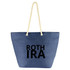 A blue tote bag with rope handles and a logo printed on the front.