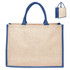 A jute bag in natural beige with navy blue handles and trim, featuring a logo.
