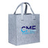 A grey felt tote bag with sturdy handles and a logo on one side.