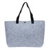 A grey felt tote bag with black straps and a single button closure. It features a logo on the front.