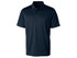 A dark navy polo shirt featuring a collar, buttons, and short sleeves, with a logo on the chest.