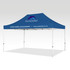 A blue marquee tent with a peaked roof, featuring a logo and text on the front.