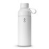 A drink bottle in white with a sleek design and a handle. It features a logo on the front.
