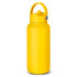 A drink bottle in bright yellow with a carrying handle and a screw-on lid, featuring a logo.