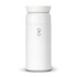 A drink bottle in white with a circular lid and a logo on the front, designed as a travel mug.