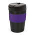 A drink bottle with a black lid and base, featuring a purple silicone band around the middle. It has a logo on it.