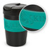 A drink bottle featuring a black design with a teal silicone band and an embossed logo.