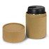 A drink bottle with a black lid, presented in a brown cardboard sleeve and matching lid.