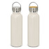 A drink bottle featuring a powder-coated cream finish with a stainless steel lid and a wooden accent. It has a logo.