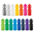 A drink bottle in various colours, including silver, white, yellow, orange, pink, green, blue, and purple. Each bottle has a logo.