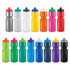A range of drink bottles in various colours, including silver, white, yellow, orange, pink, green, and blue, with caps and a logo.