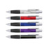 A set of four plastic pens in clear, red, blue, purple, and black, featuring silver accents and a branding logo.