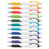 A collection of plastic pens featuring white barrels and various coloured grips, arranged in a row.