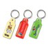 Three rectangular key rings in yellow, red, and green, each featuring a logo and an illustration.