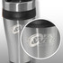 A travel mug with a stainless steel body, black lid, and a logo printed on the surface. A travel mug with a stainless steel body, black lid, and a logo printed on the surface.