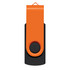 An orange and black Helix 16GB flash drive with a swivel design and a loop for attachment.