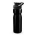 A drink bottle in shiny black with a snap cap and a sturdy design. Features a brand logo on the side.