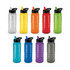 A drink bottle collection displaying various colours including clear, orange, yellow, green, blue, purple, and grey, with black lids.