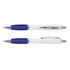 A Vistro Pen with a white barrel and blue grip, featuring chrome accents and a clip for convenience.