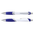 A blue and white plastic pen with a silver clip and grip, featuring a branding logo.