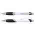 A white barrel pen with black grip and silver accents, featuring a logo on the side.