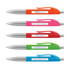 Five plastic pens with silver barrels and colourful grips: orange, pink, green, and blue. Each has a logo.