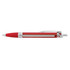 A red plastic pen with a silver clip and grip, featuring a logo on the side.