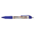 A blue plastic pen with a transparent barrel featuring colourful images inside and a silver clip.