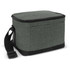 A green cooler bag with a zippered top, a front pocket, and a black base and strap. It features a logo.