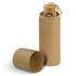 A drink bottle with a wooden lid inside a cylindrical brown cardboard tube, partially open. The bottle is clear with a silicone sleeve.