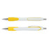 A plastic pen set featuring a white body with yellow accents and a grip section, designed for writing.
