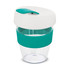 A drink bottle featuring a clear body with a teal band and a white lid. It has a logo on the side.