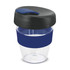 A drink bottle featuring a transparent body, blue silicone band, and a black lid. It has a branded logo.