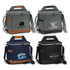 A collection of cooler bags in grey, navy, and black, featuring various logos and brown accents.