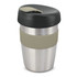 A drink bottle with a stainless steel body, silicone band in beige, and a black lid. It features a logo.