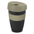 A drink bottle in dark and light green with a lid, featuring a sleek design and a logo.