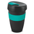 A drink bottle featuring a black body with a teal silicone band and lid. It has a logo on the surface.