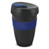 A drink bottle with a black body, blue silicone grip, and a matching blue lid. It has a logo on the side.