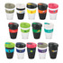 A set of various drink bottles in different colours and designs, each with a black or coloured lid and one featuring a logo.