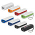 A collection of power banks in various colours, including white, orange, red, green, blue, and black, each with a keychain.