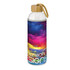 A drink bottle with a vibrant full-colour design featuring shades of pink, purple, orange, and blue, topped with a bamboo lid.