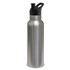 A drink bottle in stainless steel with a black spout and handle, featuring a logo on the side.
