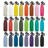 A drink bottle collection featuring various colours, including white, yellow, brown, pink, and more, with flip lids.