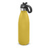 A drink bottle in vibrant yellow with a black flip lid and a sleek, powder-coated finish. Features a logo.